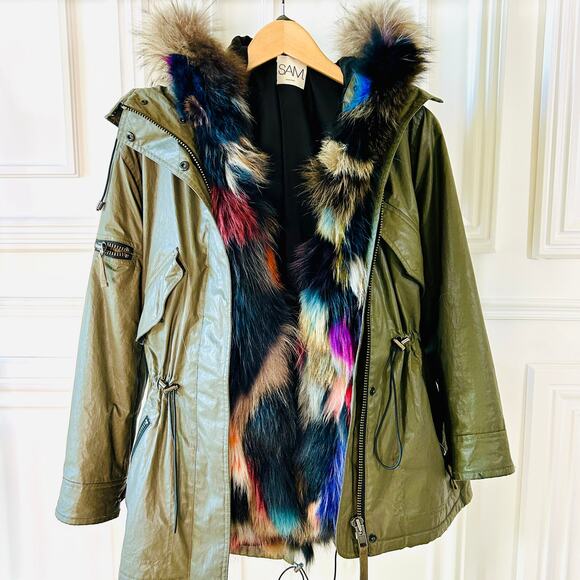 SAM NY Mini Limelight Fox Fur Reversible Vest with Army Green Parka Size Small - Picture 2 of 16